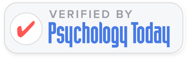 Verified by Psychology Today badge featuring a red checkmark in a circle on the left and the blue 'Psychology Today' text on a light gray rounded banner.