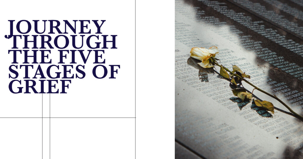 Journey Through Grief: Rose on memorial wall symbolizing loss, remembrance, and the five stages of grief.