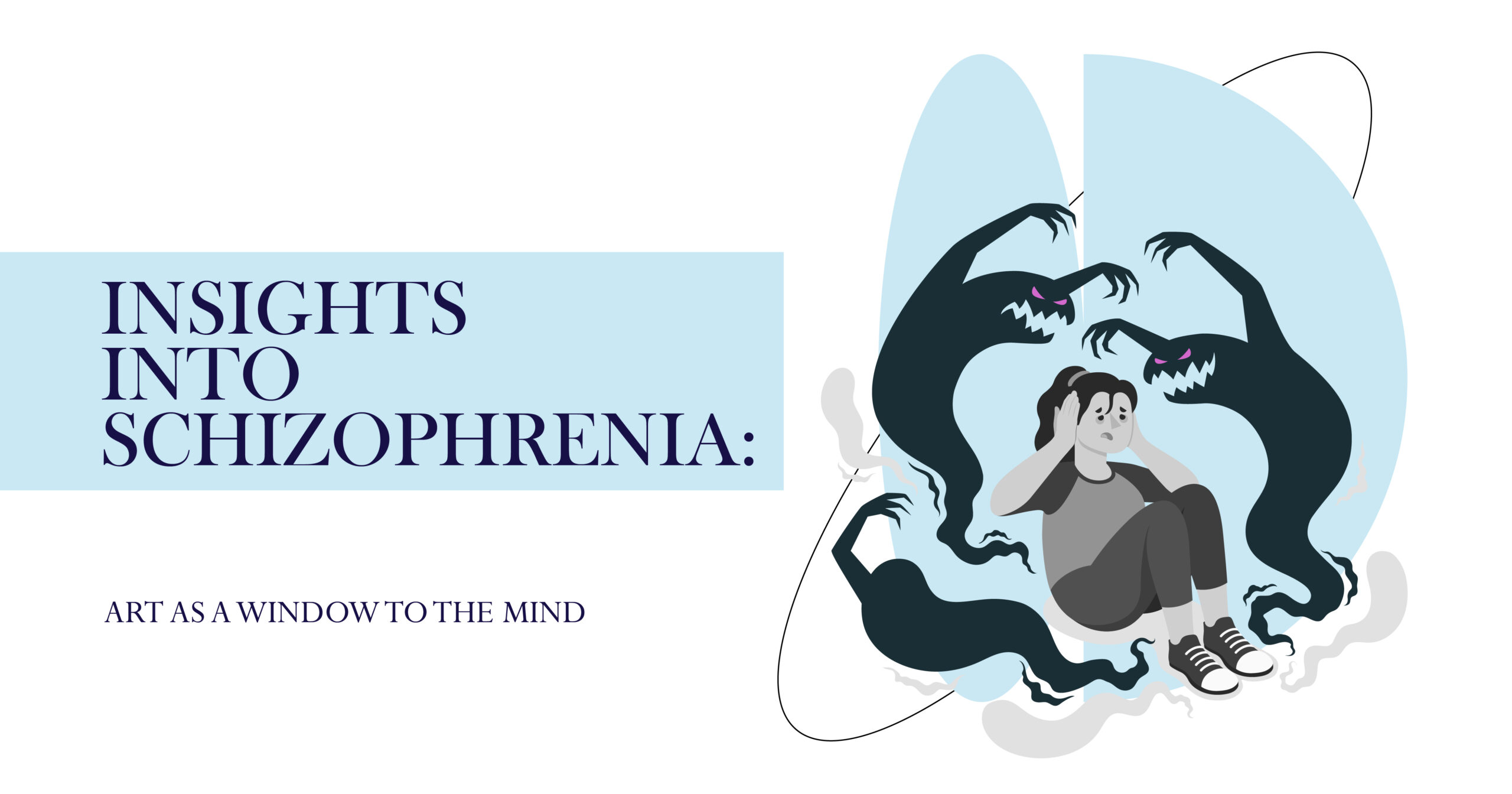 Schizophrenia insights: Art depicting a woman surrounded by dark figures, symbolizing mental health struggles and psychosis.