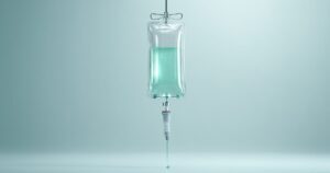 IV drip bag with green solution hanging from a stand, tubing leading to a needle and a droplet forming at the end of the line.