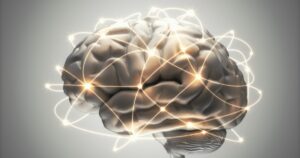 Illuminated brain with glowing network lines and nodes illustrating neural connections, conveying neural activity.