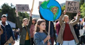 - Los Angeles Mental Health Young girl holds a painted Earth sign at a climate protest, with signs reading 'There is no Planet B' and 'Act now' in the crowd behind her.