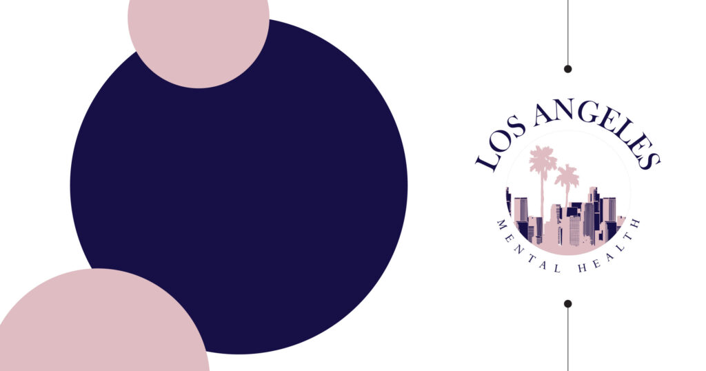 - Los Angeles Mental Health Abstract design with overlapping navy and pale pink circles; on the right, a circular Los Angeles Mental Health logo featuring palm trees and a city skyline inside a circle.