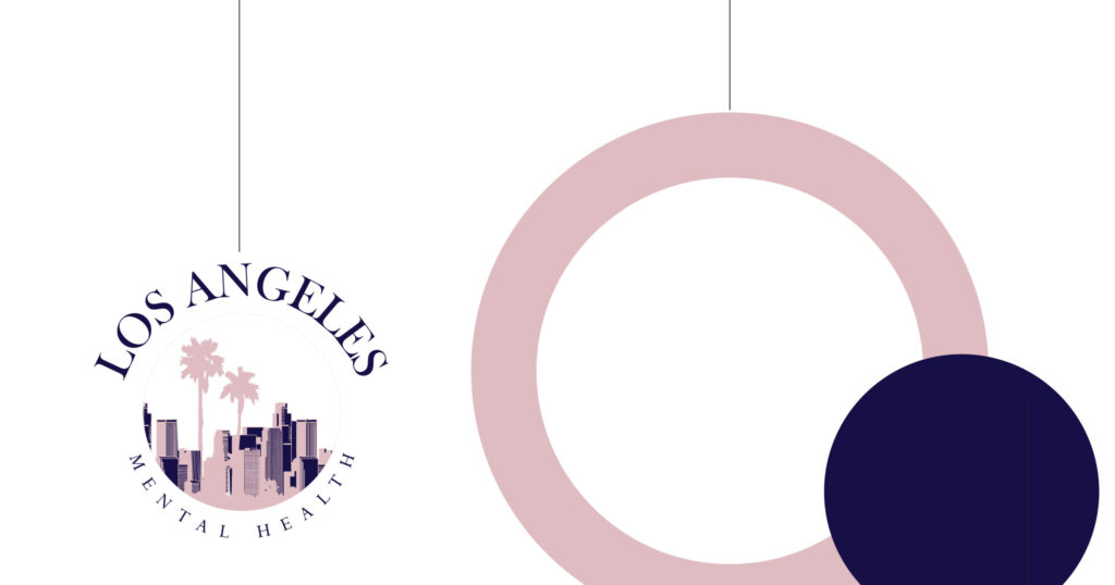 Abstract graphic featuring a circular Los Angeles skyline logo with palm trees, set against a white background, plus a large pastel pink ring and dark navy circles as decorative elements.