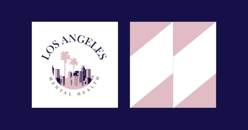 Left panel: Los Angeles Mental Health logo with palm trees and city skyline inside a circle on white, right panel: pink and white diagonal stripe pattern on pink card, both on dark blue background