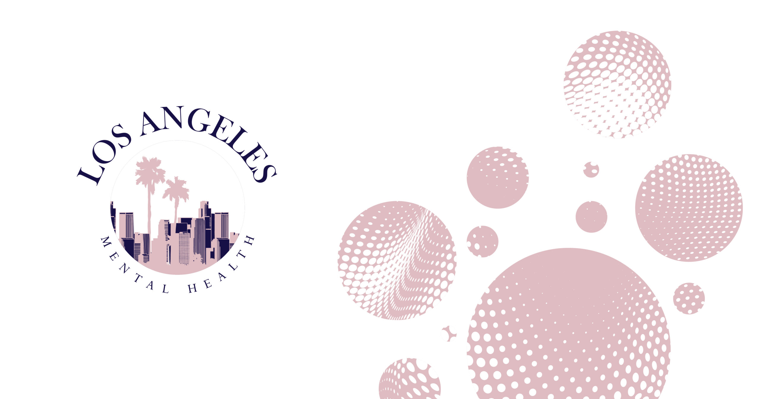- Los Angeles Mental Health Logo for Los Angeles Mental Health: circular seal with palm trees and skyline, surrounded by decorative pink dotted circles in the background.