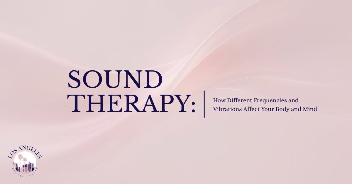 Hero banner: 'SOUND THERAPY:' with subtitle about frequencies; soft pink background and LA logo bottom-left.